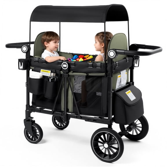 LINLUX 2 Kids Wagon Stroller, Foldable Outdoor 2-Seat Stroller Wagon, Removable Canopy, 55 Pound, Green