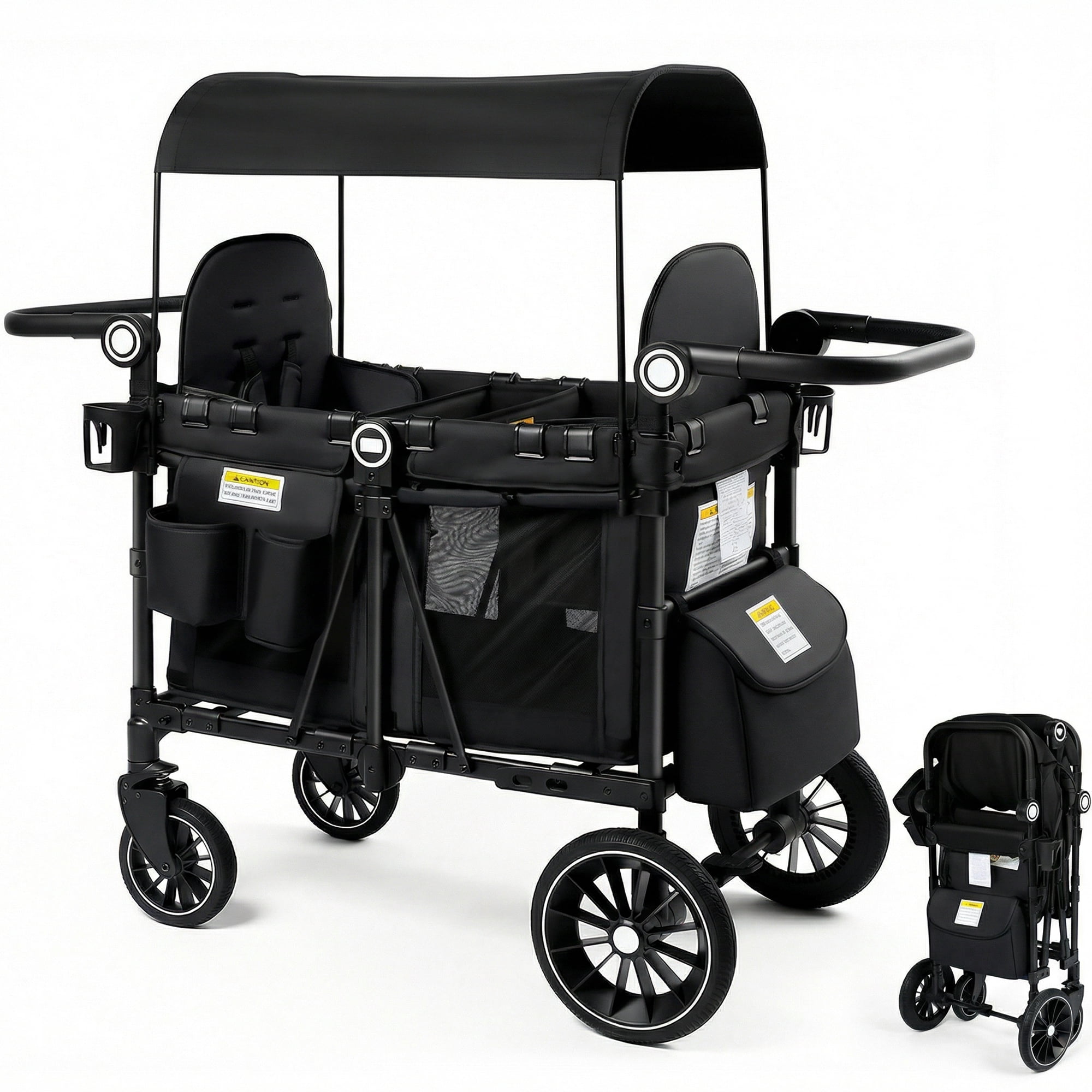 LINLUX 2 Kids Wagon Stroller, Foldable Outdoor 2-Seat Stroller Wagon, Removable Canopy, 55 Pound, Green