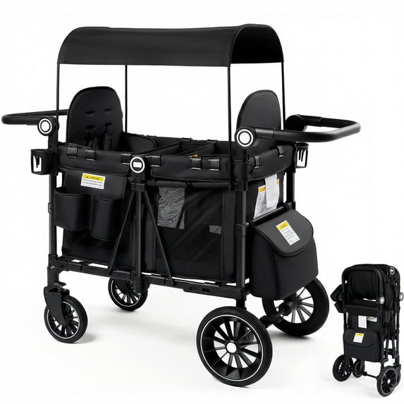 LINLUX 2 Kids Wagon Stroller, Foldable Outdoor 2-Seat Stroller Wagon, Removable Canopy, 55 Pound, Green