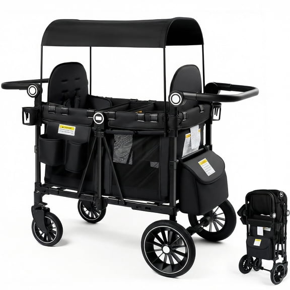 LINLUX 2 Kids Wagon Stroller, Foldable Outdoor 2-Seat Stroller Wagon, Removable Canopy, 55 Pound, Green