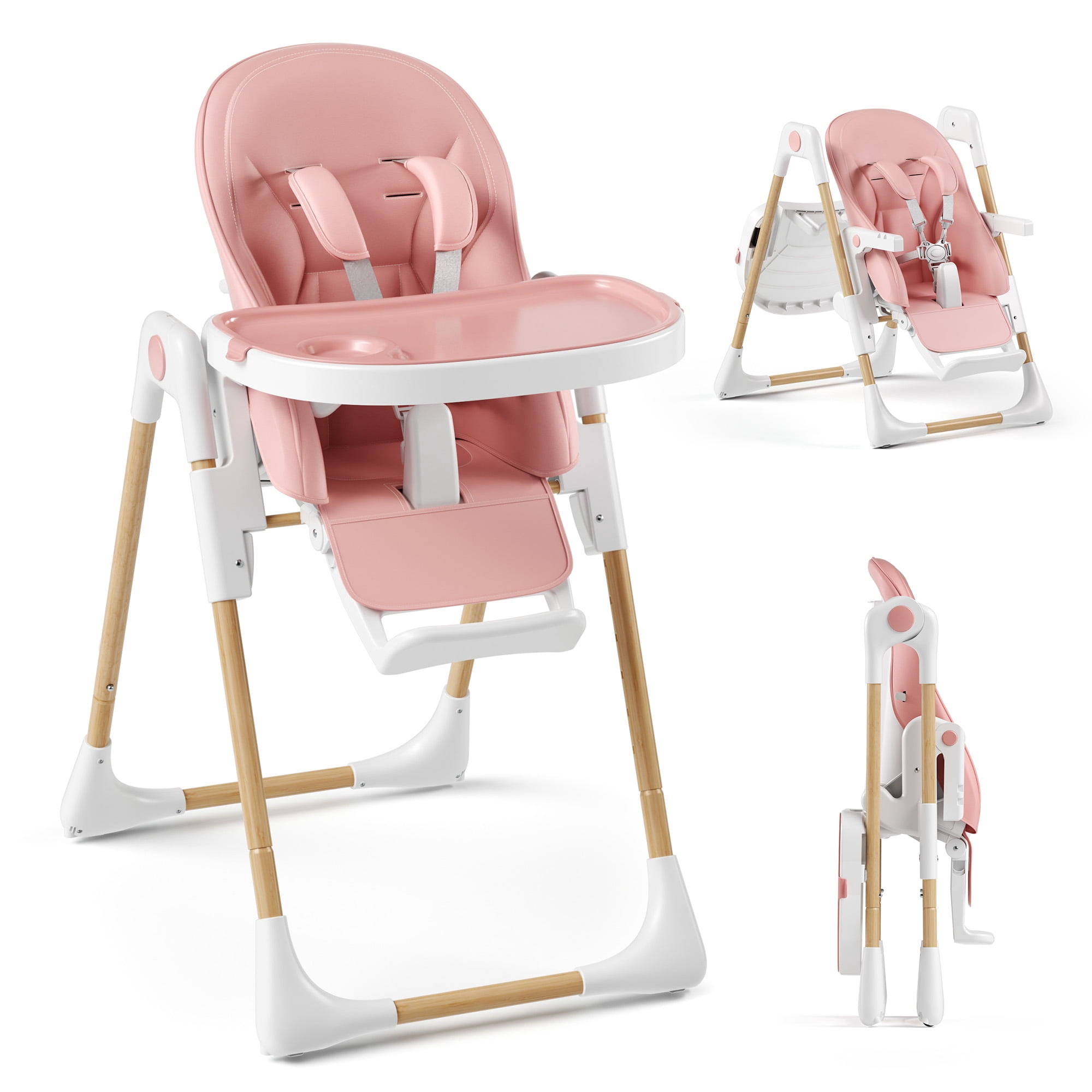 LINLUX Foldable High Chair for Babies, Toddler Eating Chair with Detachable Double Trays, Pink