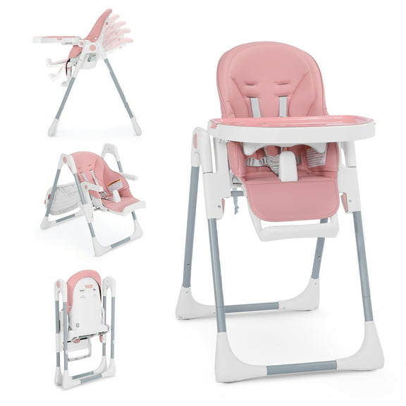 LINLUX Foldable Infant High Chair with Removable Double Trays, Portable Eating Chair, Pink