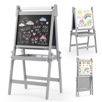 LINLUX 3 in 1 Kids Art Easel, Foldable Standing Easel with Double Sided Drawing Board and Height Adjustable, Gray
