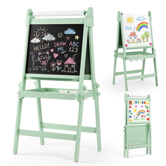 LINLUX 3 in 1 Kids Art Easel, Foldable Standing Easel with Double Sided Drawing Board and Height Adjustable, Green