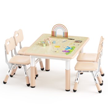 LINLUX Kids Table and 4 Chairs Set, Height Adjustable Table & Chairs, Spacious Activity Table for Toddlers, Natural