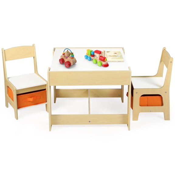 LINLUX Kids Table and 2 Chairs Set, Child Activity Table Chairs with Chalkboard/Whiteboard, Natural