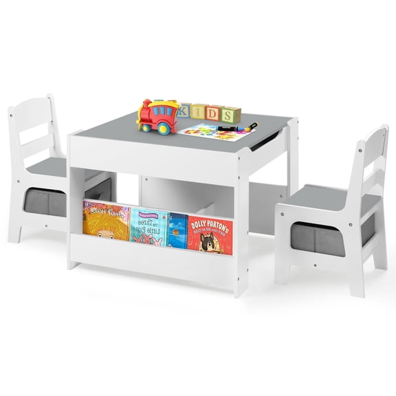 LINLUX Kids Table and Chair Set, Wooden Table Set for Kids, Child Activity Desk W/ Bookshelf, Grey
