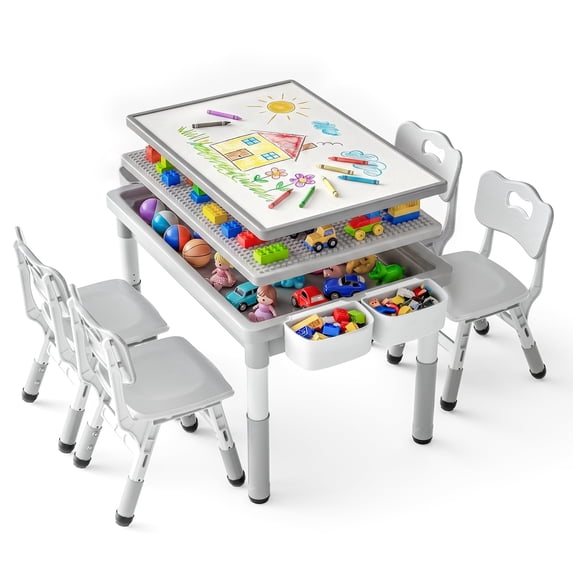 LINLUX Kids Table and 4 Chairs Set, 3 in 1 Activity Table for Children with Removable Tabletop, Gray