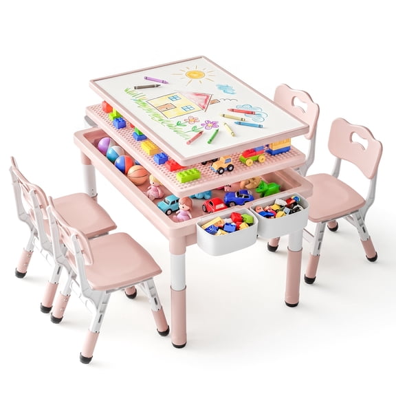 LINLUX Kids Table and 4 Chairs Set, 3 in 1 Activity Table for Children with Removable Tabletop, Pink