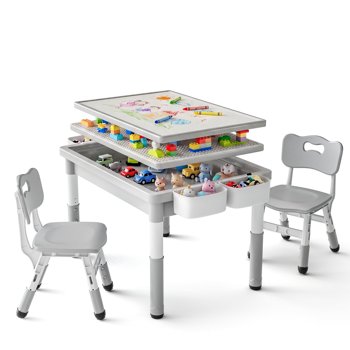 LINLUX Kids Table and Chair Set, 3 in 1 Activity Table for Children w/ Removable Tabletop, Gray