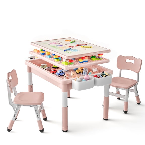 LINLUX Kids Table and Chair Set, 3 in 1 Activity Table for Children w/ Removable Tabletop, Pink