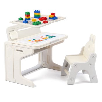 LINLUX Kids Table and Chair Set, Foldable Activity Desk with Tilt Tabletop, Drawing & Block Fun