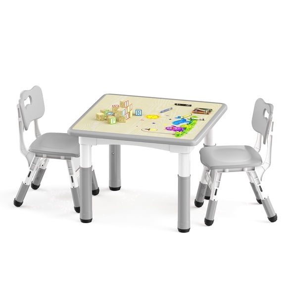 LINLUX Kids Table and 2 Chairs Set, Height Adjustable Table & Chairs, Activity Table for Toddlers, Basic Gray