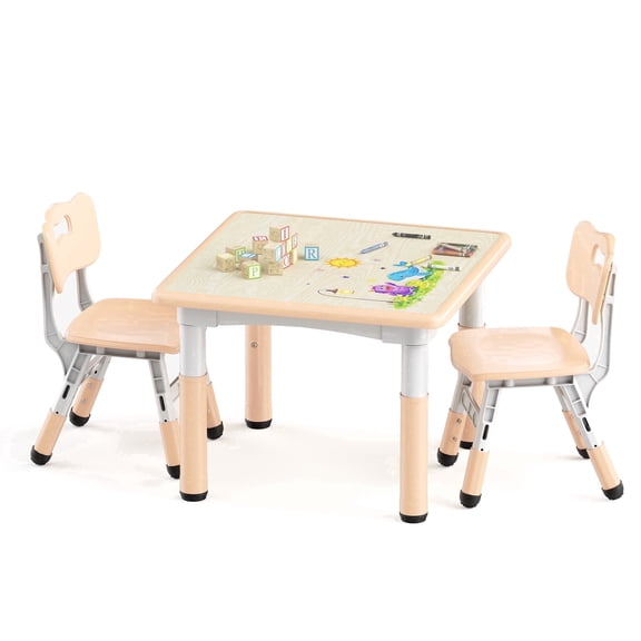 LINLUX Kids Table and 2 Chairs Set, Height Adjustable Table & Chairs, Art Activity Desk for Toddlers, Basic Beige