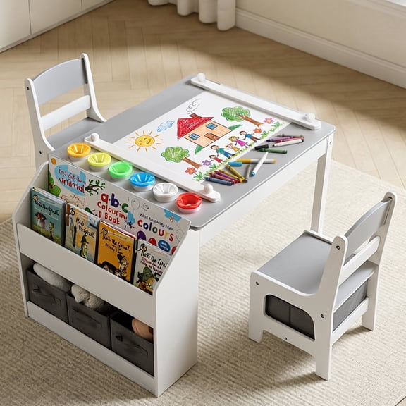 LINLUX Kids Table and Chairs Set, Kids Art Desk with Storage and Bookshelf for Drawing, Play, Learning, Gray