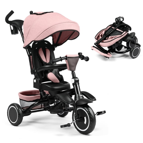 LINLUX Kids Trike Tricycle for Toddlers, 8 in 1 Folding Toddler Tricycle Bike w/Rotatable Seat, Pink