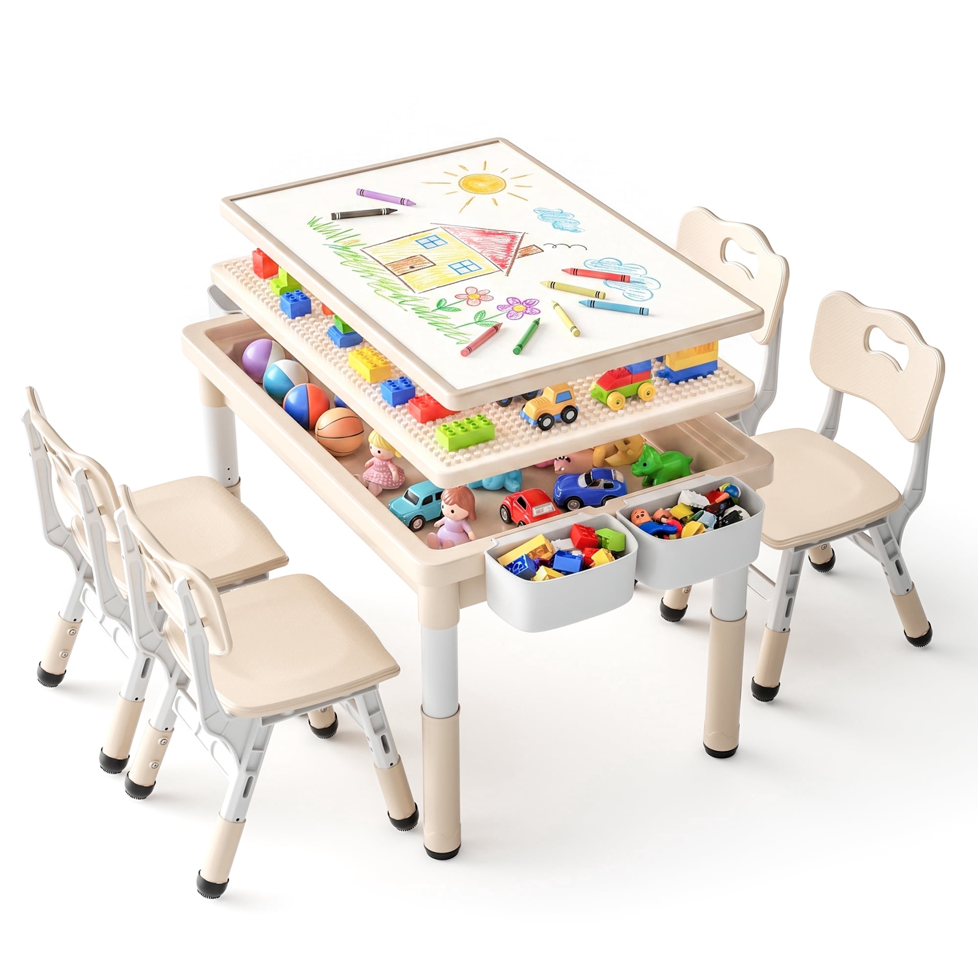 LINLUX Kids Table and Chair Set, 3 in 1 Activity Table for Children w/ Removable Tabletop, Khaki