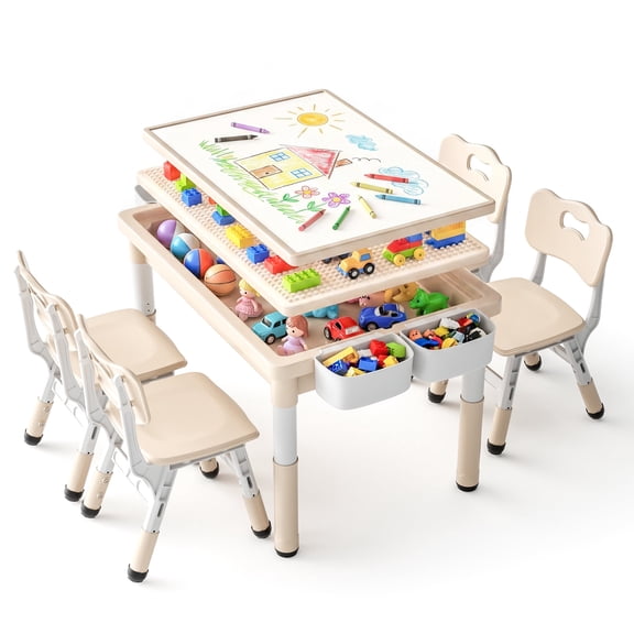 LINLUX Kids Table and Chair Set, 3 in 1 Activity Table for Children w/ Removable Tabletop, Khaki