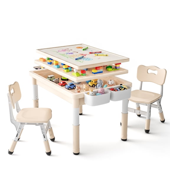 LINLUX Kids Table and Chair Set, 3 in 1 Activity Table for Children w/ Removable Tabletop, Khaki