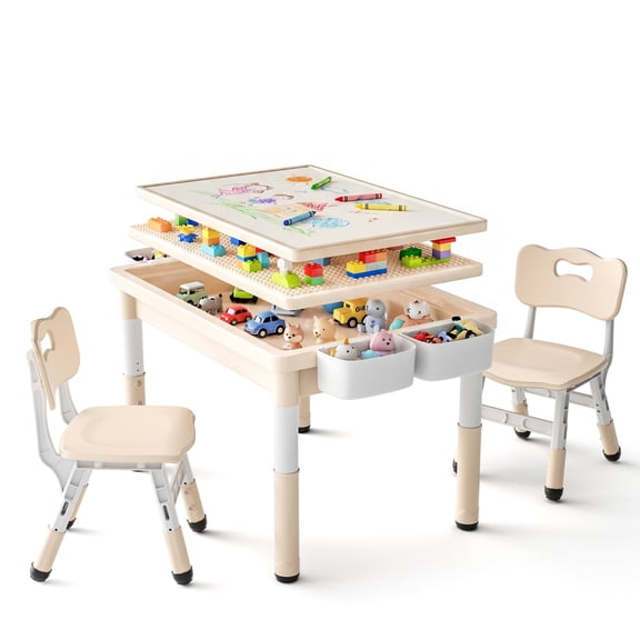 LINLUX Kids Table and Chair Set, 3 in 1 Activity Table for Children w/ Removable Tabletop, Khaki