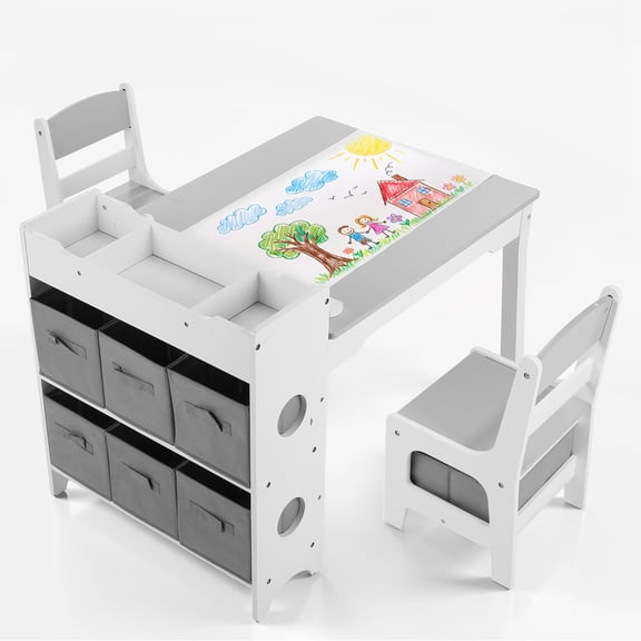 LINLUX Kids Art Table w/Easel, Kids Craft Table & Chair Set for Drawing, Child Activity Table, Grey