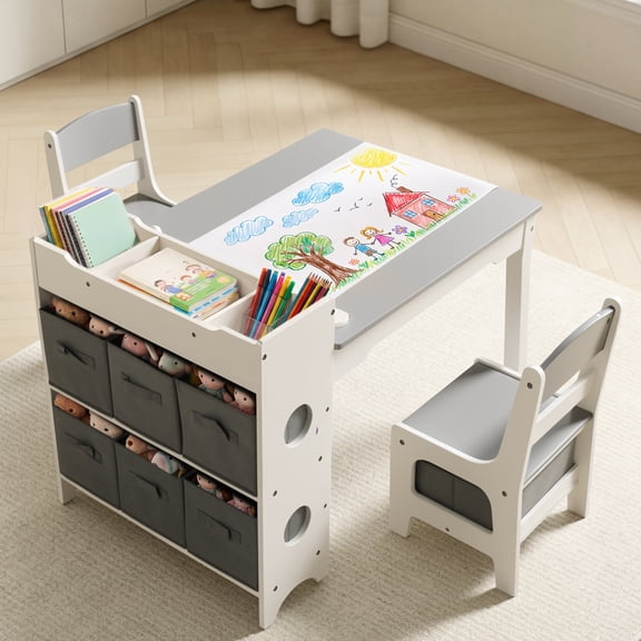 LINLUX Kids Art Table w/Easel, Kids Craft Table & Chair Set for Drawing, Child Activity Table, Grey