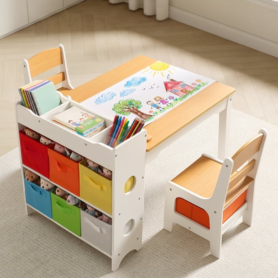 LINLUX Kids Art Table w/Easel, Kids Craft Table & Chair Set for Drawing, Child Activity Table, Natural