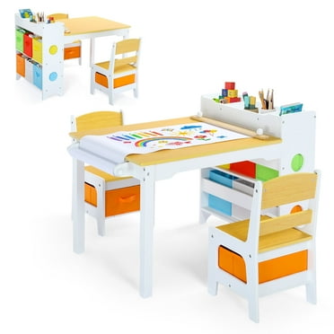 LINLUX Kids Art Table w/Easel, Kids Craft Table & Chair Set for Drawing, Child Activity Table, Natural