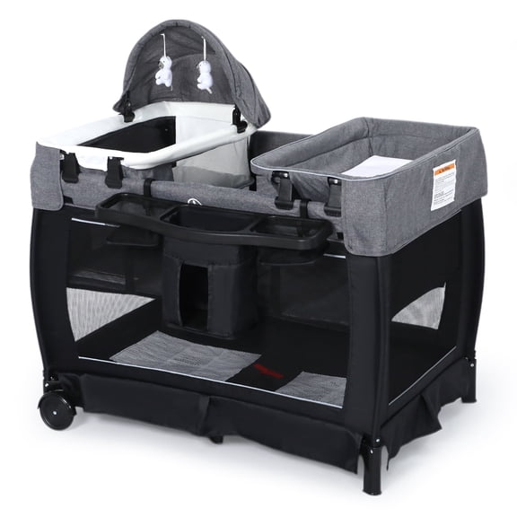 LINLUX Pack and Play w/ Bassinet & Changing Table, Baby Playard for Toddler, Newborn Crib Baby Bed,Black