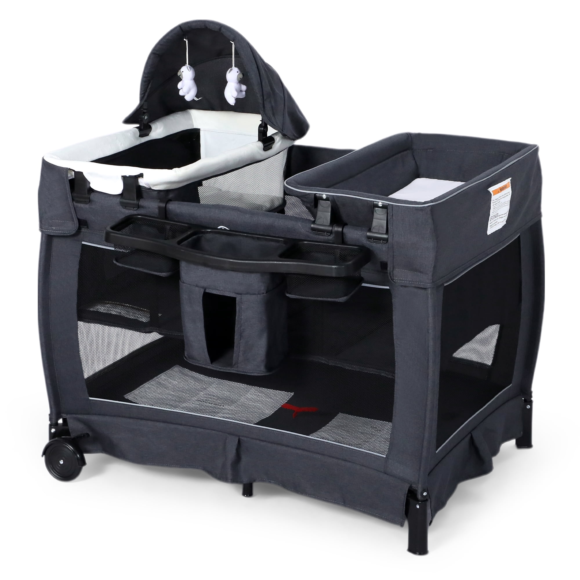 LINLUX Pack  and Play w/ Bassinet & Changing Table, Baby Playard for Toddler, Newborn Crib Baby Bed,Dark Gray