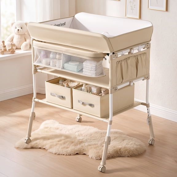 LINLUX Portable Baby Changing Table with Wheels, Adjustable Height, Waterproof Diaper Station with Storage, Beige