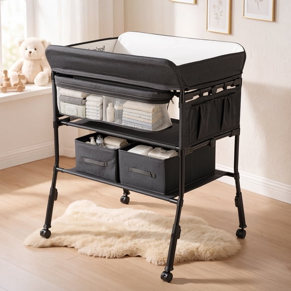LINLUX Portable Baby Changing Table with Wheels, Adjustable Height, Waterproof Diaper Station with Storage, Black & Gray