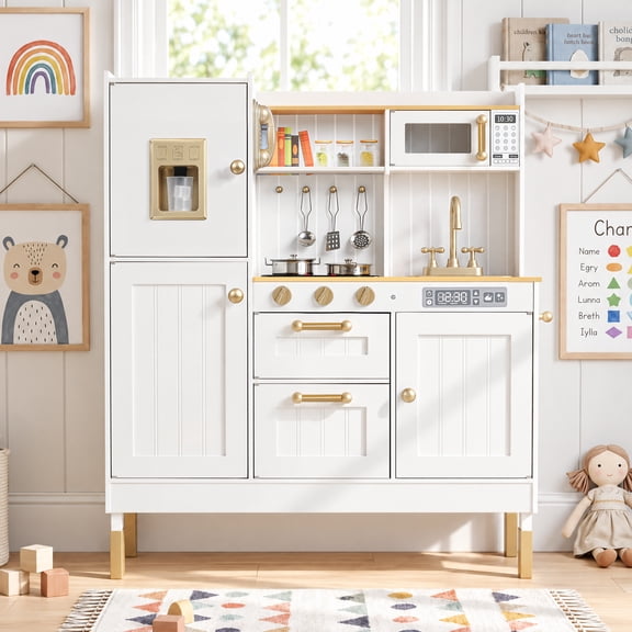 LINLUX Wooden Kids Play Kitchen Set with Ice Maker, Interactive Sound & Light Kitchen, White