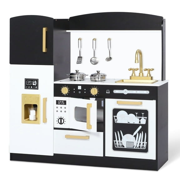 LINLUX Pretend Kids Play Kitchen, Toy Kitchen Playset for Toddler, Wood Kitchen Sets Baby, Black
