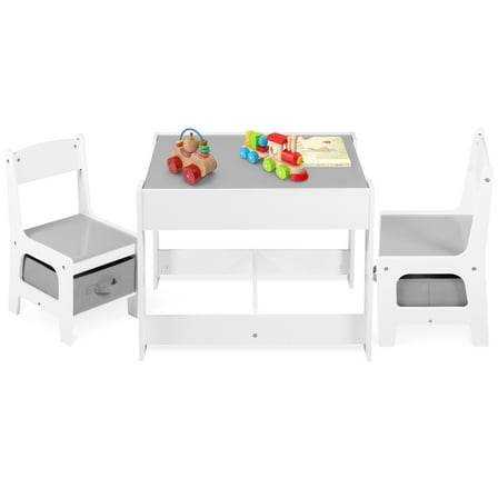 LINLUX Kids Table and 2 Chairs Set, Children Activity Table Chairs with Chalkboard/Whiteboard, Grey