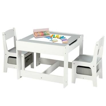 LINLUX Kids Table and 2 Chairs Set, Children Activity Table Chairs with Chalkboard/Whiteboard, Grey