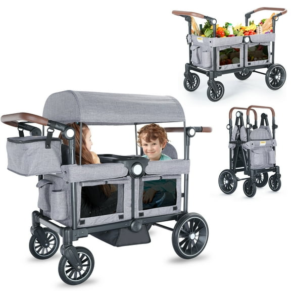 LINLUX Toddler Wagon Stroller, All Terrian Baby Stroller Wagon, Fodable Kids Wagon 2 Seats, Grey