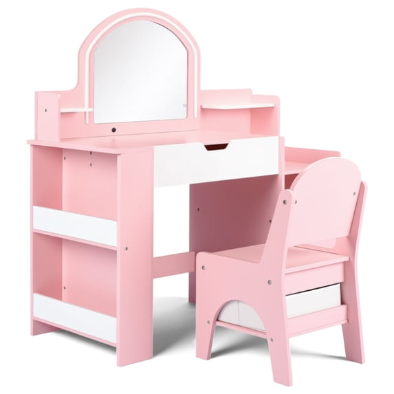 LINLUX Kids Vanity Table and Chair Set with Mirror and Large Storage, Princess Makeup Dressing Table for Girls, Pink