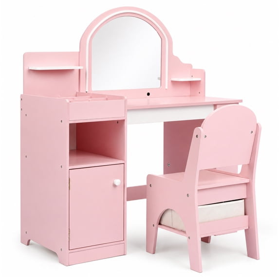 LINLUX Kids Vanity Table and Chair Set,Princess Makeup Dressing Table with Tempered Glass Mirror,Storage Organizer,Gift for Girls,Pink