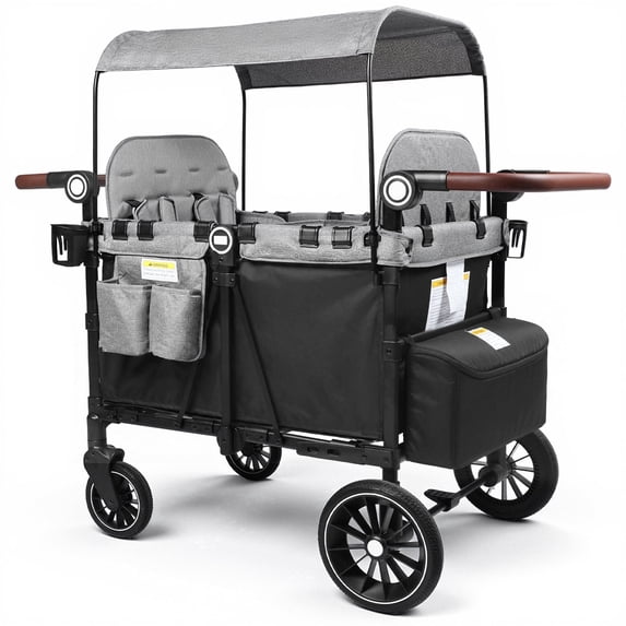 LINLUX 4-in-1 Stroller Wagon for 4 Kids, 200 Lbs Capacity, All-Terrain Wheels, Black & Gray