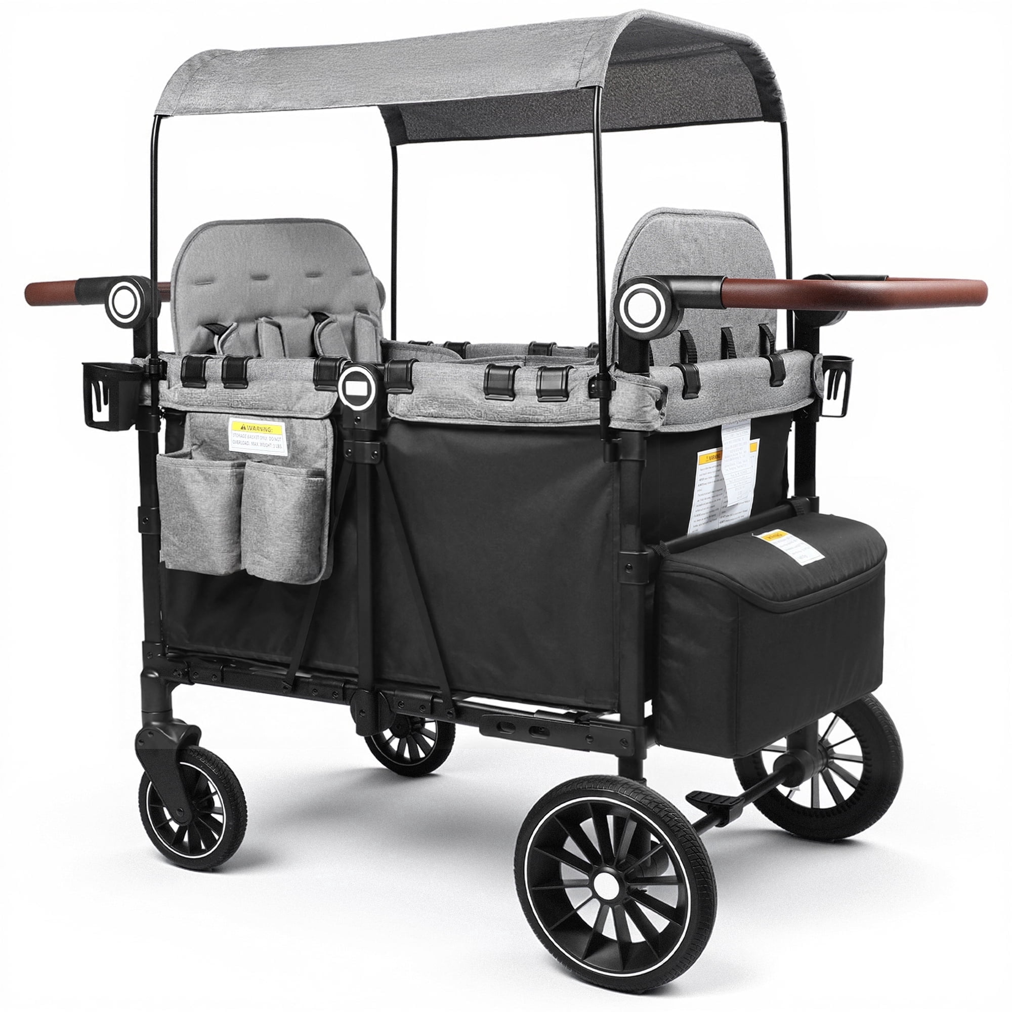 LINLUX Wagon Stroller for 4 Kids, Stroller Wagon 4 Seats w/Adjustable Handle, Detachable Tray, Black & Gray
