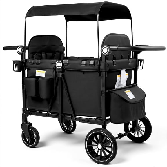 LINLUX Wagon Stroller for 4 Kids, Stroller Wagon 4 Seats w/Adjustable Handle, Detachable Tray, Black