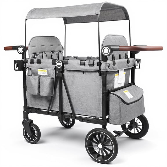 LINLUX Wagon Stroller for 4 Kids, Stroller Wagon 4 Seats w/Adjustable Handle, Detachable Tray, Gray