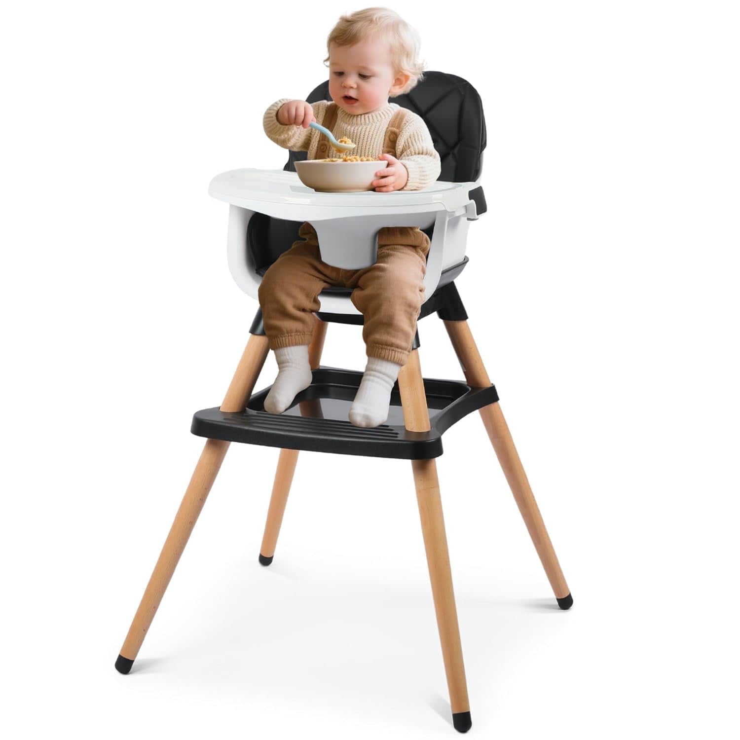 LINLUX Wood Baby High Chair, 7 in 1 Convertible Highchair, Infant Feeding Chair, Toddler Chair Black