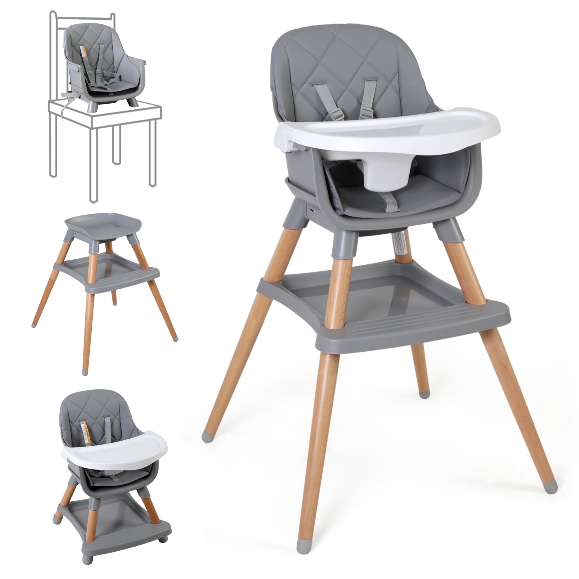 LINLUX Wood Baby High Chair, 7 in 1 Convertible Highchair, Infant Feeding Chair, Toddler Chair Gray