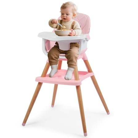 LINLUX Wood Baby High Chair, 7 in 1 Convertible Highchair, Infant Feeding Chair, Toddler Chair Pink