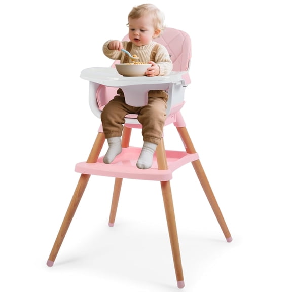 LINLUX Wood Baby High Chair, 7 in 1 Convertible Highchair, Infant Feeding Chair, Toddler Chair Pink