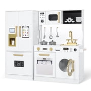 LINLUX Wood Kids Kitchen Playset, Pretend Play Toy Kitchen for Toddlers, w/Color Board & Fridge, White