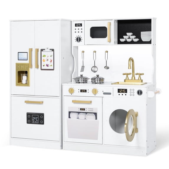 LINLUX Wood Kids Kitchen Playset, Pretend Play Toy Kitchen for Toddlers, w/Color Board & Fridge, White