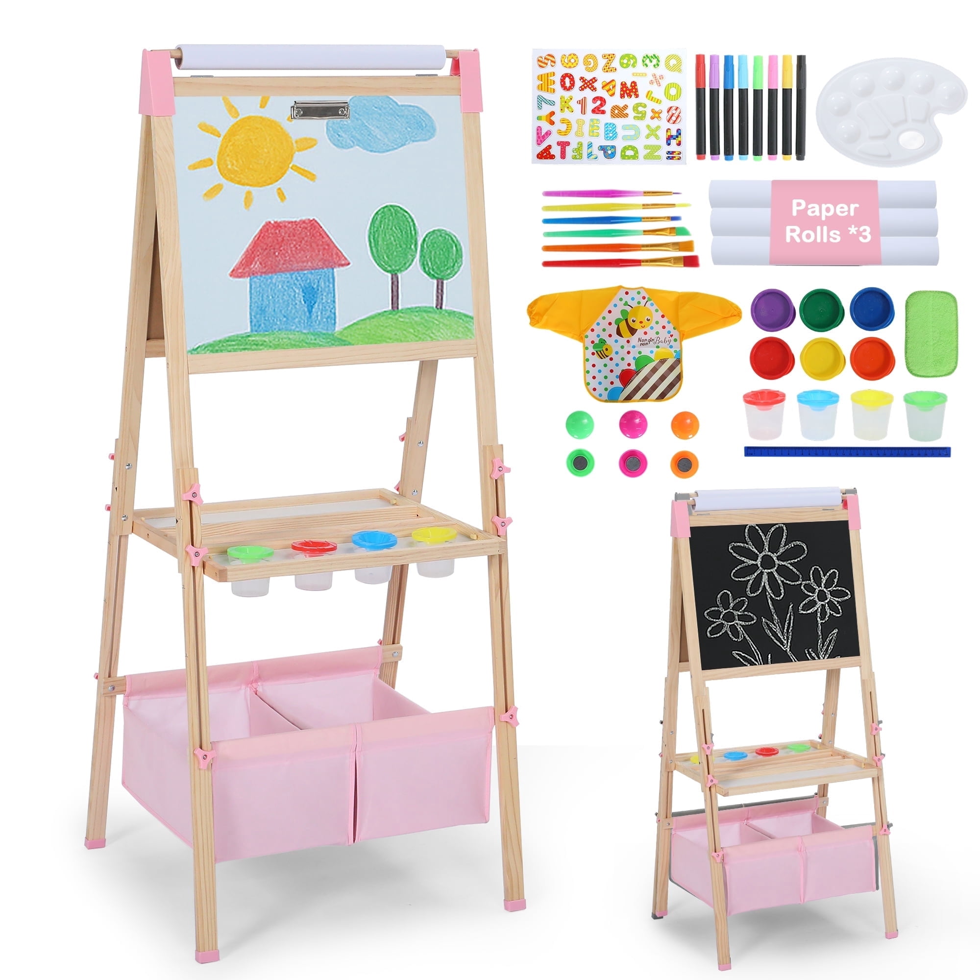 LINLUX Wooden Kid Easel for Paintings, Art Easel for Kid Double Side, Magnetic Whiteboard Chalkboard, Pink